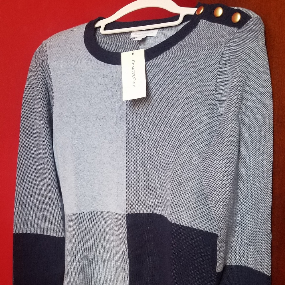 NWT Charter Club Colorblock Sweater Gold Button